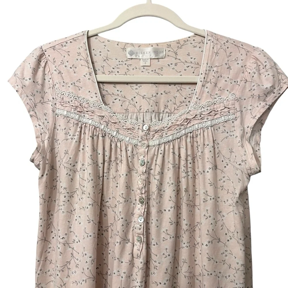 Eileen West Pink Floral Lace Trim Nightgown Size S - Picture 2 of 6